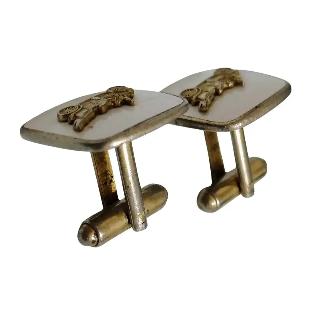 1950s Roadster White Enamel Cufflinks Faux Gold Metal Formal Wear Set of Two